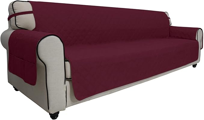 Easy-Going Sofa Slipcover Waterproof Sofa Cover Couch Cover for 4 Cushion Couch with Elastic Straps Washable Non-Slip Furniture Protector Cover for Pets, Dogs, Cat (XX-Large, Wine)
