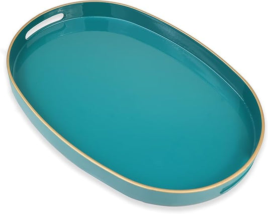 Omuriko Green Oval Decorative Tray with Handles, Versatile Serving Tray for Coffee Table, Ottoman, Ideal for Serving, Displaying, Organizing
