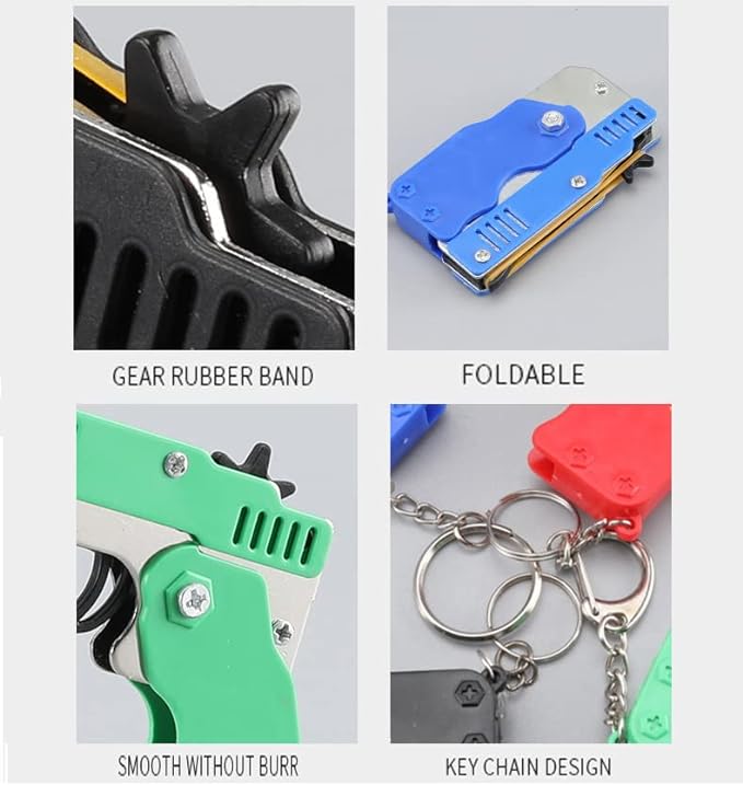 Kids Toys Cool Keychain Rubber Band Mini Metal Folding Rubber Launcher Toy with 60 Elastic Rubber Bands for Game Outdoor Activities (Green)