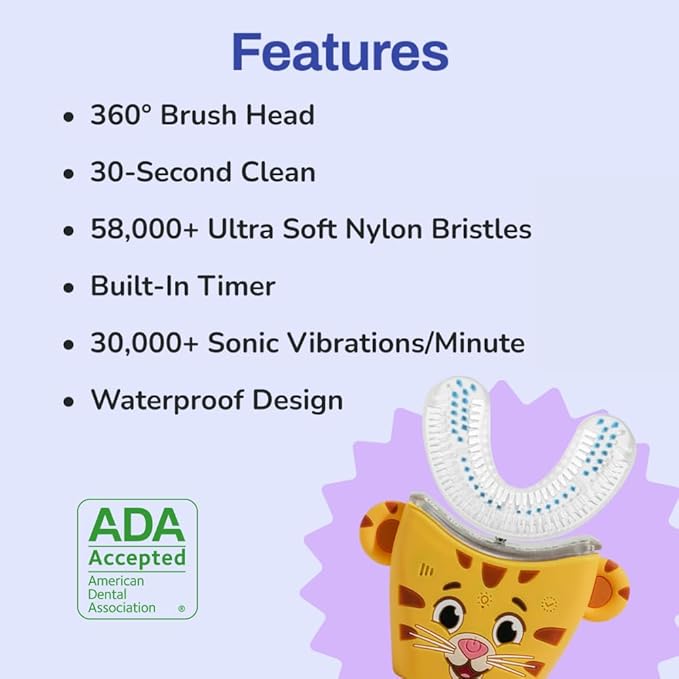 autobrush Kids U Shaped Electric Toothbrush, ADA Accepted, Sonic Pro with Unique 360° Nylon Bristles 3 Cleaning Modes,Whitening LED-Lights,Plays Music (Double-Sided),Ages 6-8, Daniel Tiger