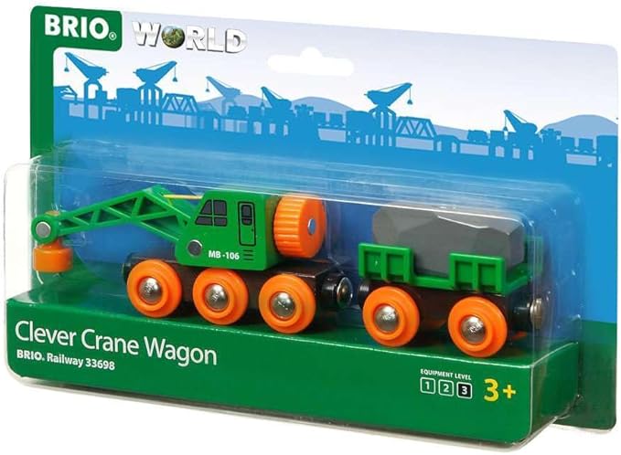 BRIO World 33698 - Clever Crane Wagon Set - 4 Piece Wooden Toy Train Set for Kids | Imaginative Play | Compatibility with Other Sets | FSC-Certified Wood