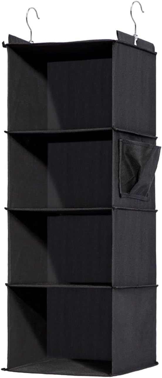4-Shelf Hanging Closet Organizer and Storage, Collapsible Hanging Shelves for Closet with 2 Side Pockets, Hanging Shoe Organizer to Saving Space,Black