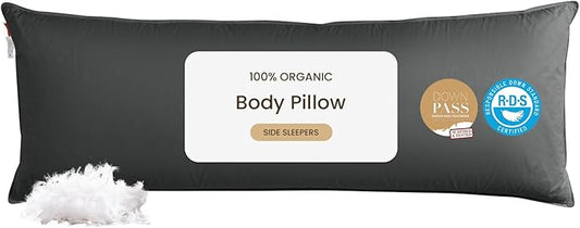 Goose Down Body Pillows for Adults, Large Body Pillow for Side Sleeper, Hugging Feather Body Pillow Insert, Cooling Full Length Long Pillow for Bed with 100% Organic Cotton Shell, Black 20"x54"