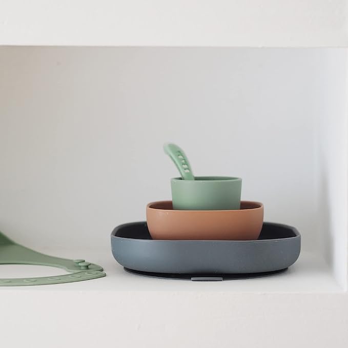 BEABA 100% Silicone 4 Piece Baby Feeding Set, Suction Plates for Baby, Includes Plate, Bowl, Cup, 2nd Stage Silicone Spoon, High Grade Food Safe Silicone, Mineral