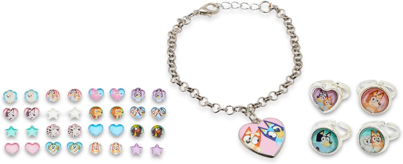 Bluey Jewelry Set for Girls - Bluey Dress Up Accessories Bundle with Necklace, Sticker Earrings, Rings, and More | Bluey Necklace and Rings Set