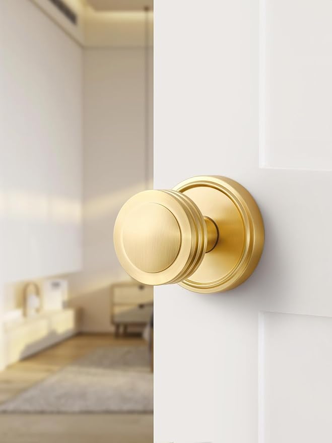 2 Pack Gold Door Knob Passage Door Knobs Brushed Gold Interior Satin Brass Door Handle for Hall and Closet,Zinc Alloy