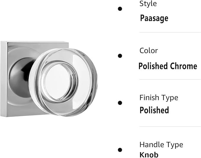 coolnews Crystal Glass Door Knobs Interior, Heavy Duty Square Passage Door Knob for Hall/Closet, Polished Chrome Finish