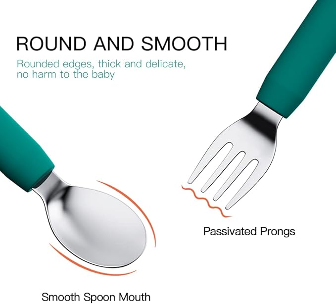 Baby Forks and Spoons Set Baby Training Utensils Self Feeding Toddler Silverware Silicone and Stainless Steel Kids and Toddler Utensil (Green Dinosaur - Long)