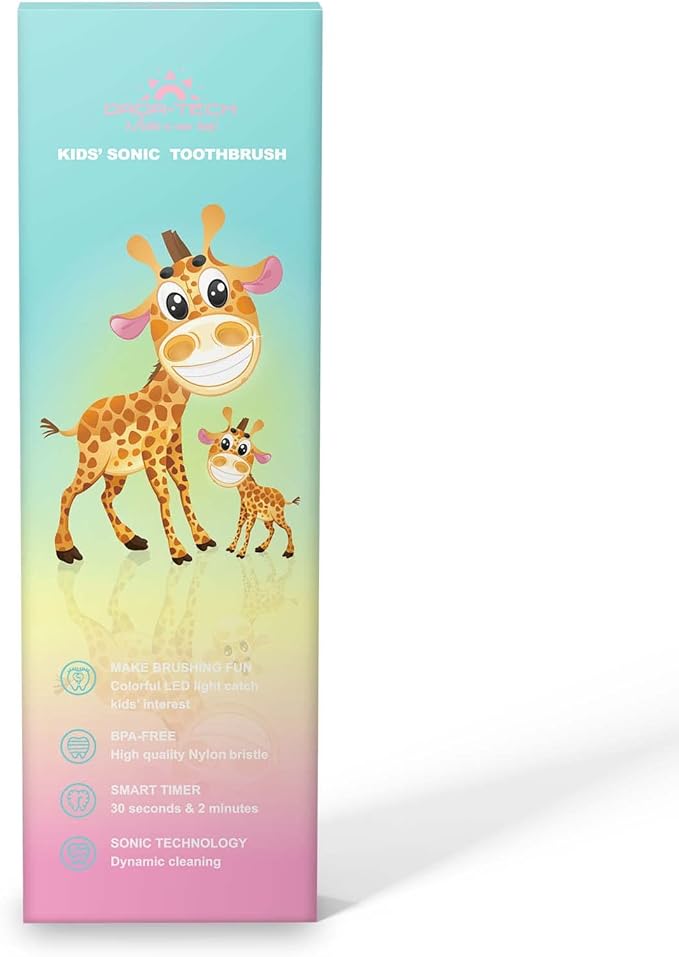Kids Electric Toothbrush Toddler Toothbrush Age 2-4-8-12 Girls Electric Toothbrush with Timer Rainbow LED Light Up Vibrating Toothbrush Battery Operated Childrens Sonic Tooth Brush (Pink Giraffe)