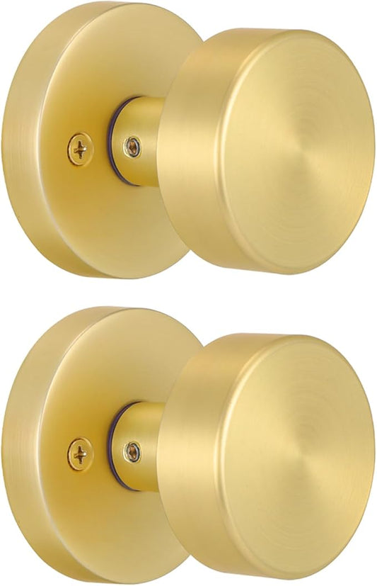 2 Pack Gold Dummy Door Knob Satin Brass Dummy Door Knobs Interior, Round Modern Door Knob Brushed Gold Dummy Door Handle Interior for Hall Pantry Closet Door Knobs