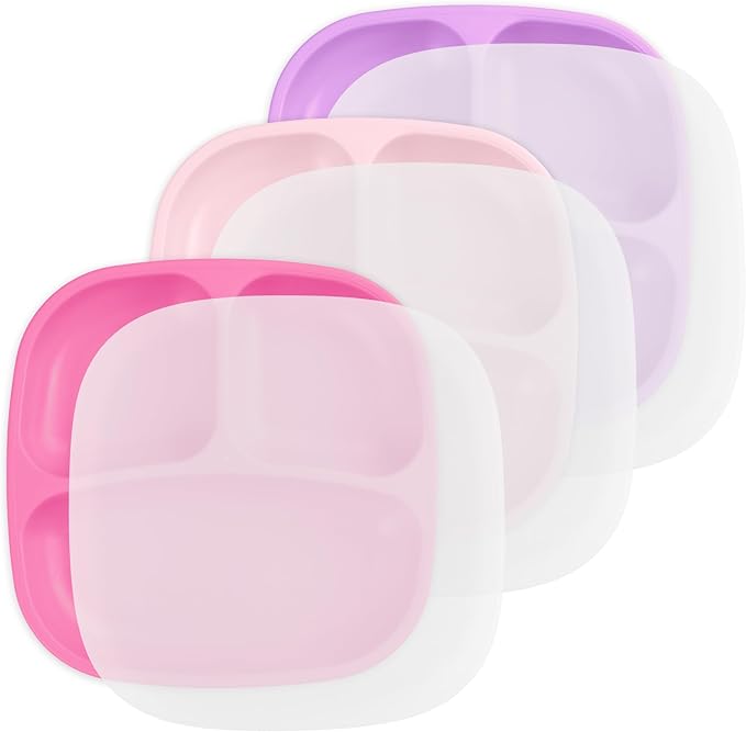 Re-Play Made in USA 7" Deep Walled Divided Plates for Kids, Set of 3 With 3 Lids - Reusable 3 Compartment Plates, Dishwasher and Microwave Safe - 7.37" x 7.37" x 1.25", Princess