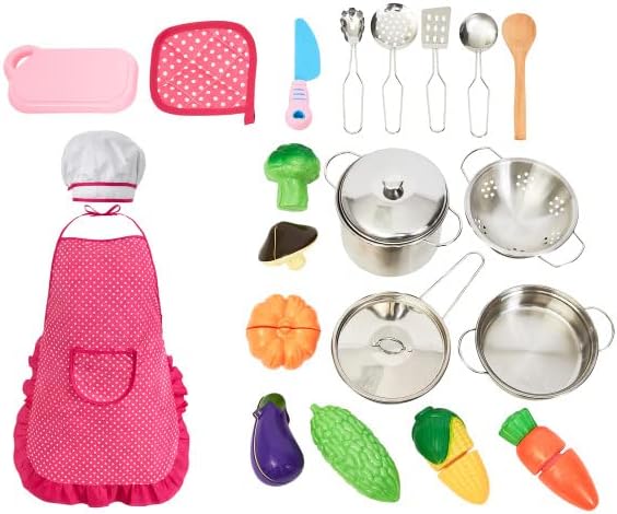 Hey! Play! Play Kitchen Accessories ? 23-Piece Child Chef Set with Toy Cookware, Play Veggies, Utensils, and Plastic Storage Container, Pink (80-PP170014)