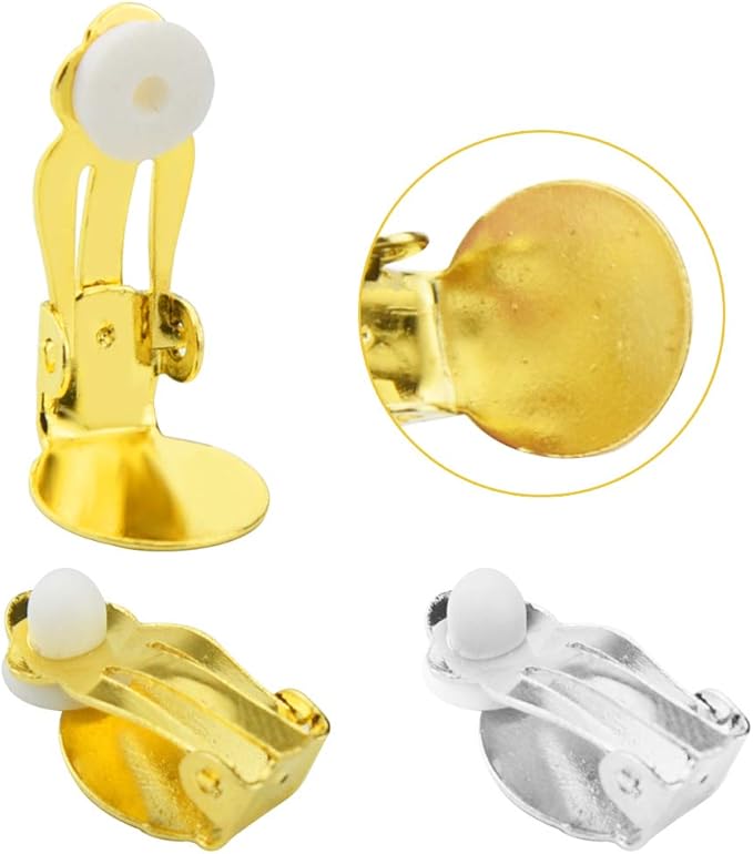 200 Pieces Round Flat Backs and Findings Set Including 100pcs Round Flat Back Tray Earring Clips + 100pcs Clip-on Earring Findings Pad Base for DIY Earring Making Jewelry