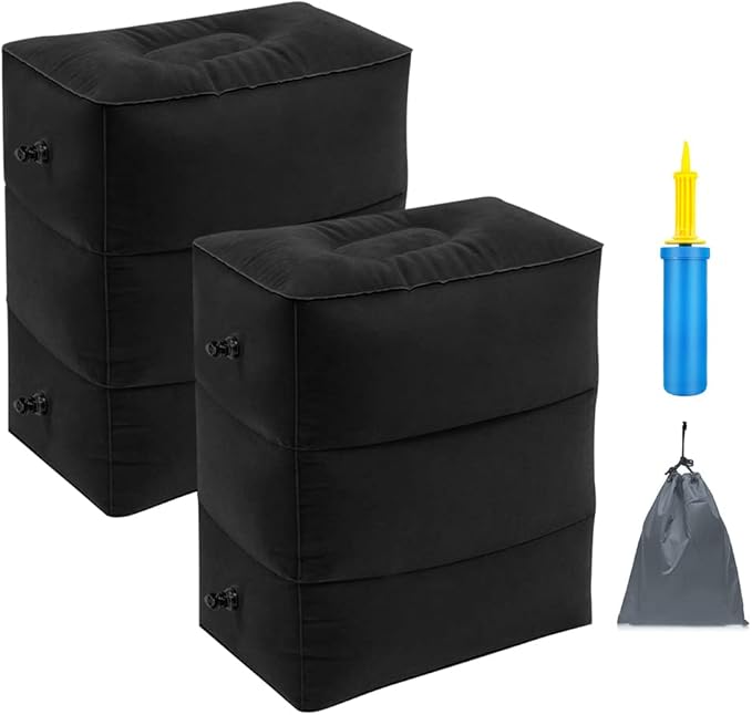 Travel Foot Rest Pillow, Portable Inflatable with Double Hand Pump Adjustable Three Layers Height Pillow for Foot Rest on Airplanes,Cars,Buses,Trains,Office Kids to Sleep on Long Flights (Black 1)