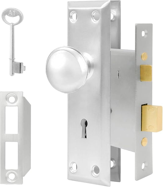 Vintage Door Knob with Lock for Interior Doors Brushed Nickel, Antique Brass 1 Pack Mortise Lock Set, Old Fashioned Bathroom & Bedroom with Skeleton Key for Old House Doors