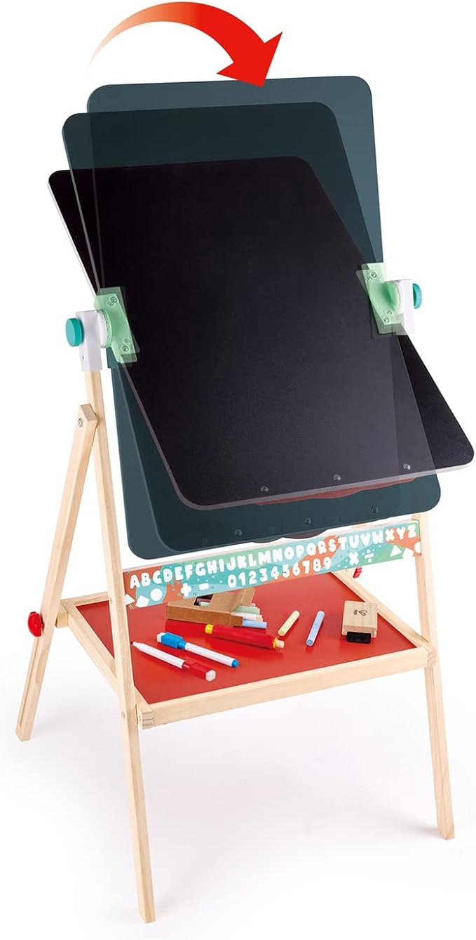 Hape Standing Flip Flat 2 Sided Kids Artwork Easel with Chalk Blackboard and Marker Whiteboard, Includes 4 Chalks, 2 Marker Pens, and One Board Rubber