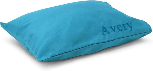 Pipsqueak Small | Tiny | Mini Pillow with Name Tag - 11in x 7in x 2.5in - Machine Washable - White Pillow with Personalized Blue Case