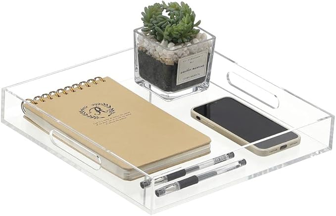 BEYLANG Clear Sturdy Acrylic Serving Tray with Handles-12x12 Inch-Serving Coffee,Appetizer,Breakfast,Butler-Kitchen Countertop Makeup Drawer Organizer-Vanity Table,Ottoman Tray