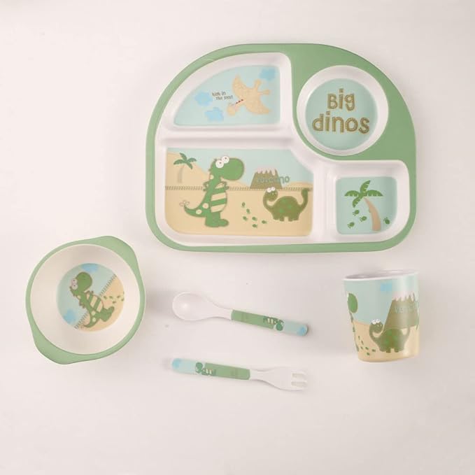 Kids Dinnerware Set Bamboo 5 Pcs Plate Bowl Cup Fork Spoon (Dinosaur)