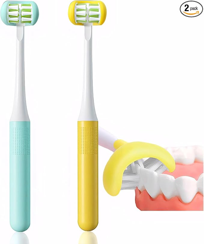 2 Pieces 3 Sided Toddler Toothbrush, Three Bristles for Kids Toothbrush, Autism Soft Bristles Toothbrush,Soft and Gentle for Complete Tooth and Gum Care(C1（Blue+Yellow） Kids)