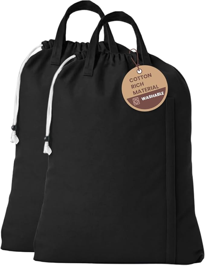 LFH Home Large Premium Cotton Canvas Laundry Bag with Drawstring and Handles Heavy Duty, Multi-Use, and Washable for Home, Travel, College or Storage 28x40 (Pack of 2)-Black