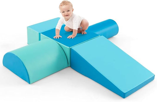 HONEY JOY 5-Piece Climb and Crawl Playset, Soft Climbing Foam Block Activity Play Structure Gym Equipment for Infant Baby, Color Coordination, Waterproof Indoor Climbing Toys for Toddlers (Blue)