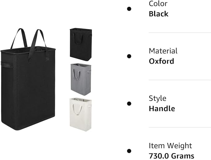 ZERO JET LAG Slim Laundry Hamper With Handles Collapsible Laundry Basket Thin Dirty Clothes Basket Narrow Laundry Bag Foldable Dirty Clothes Hamper 45L (23 inches,Black)