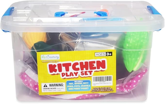 ArtCreativity Pretend Play Kitchen Set for Kids, 23-Piece Kids’ Kitchen Playset with Pots, Pans, Chef Hat, Apron, Utensils, Knife Toy, Pretend Play Food, & More, Kids’ Kitchen Playset for Hours of Fun