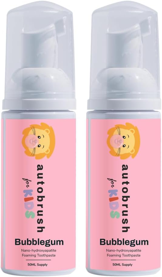 autobrush Kids Fluoride-Free Foaming Toothpaste Bubblegum Flavor for Electric or U-Shaped Toothbrush, SLS-Free, Training Toothpaste, Anti-Cavity (2 Pack)