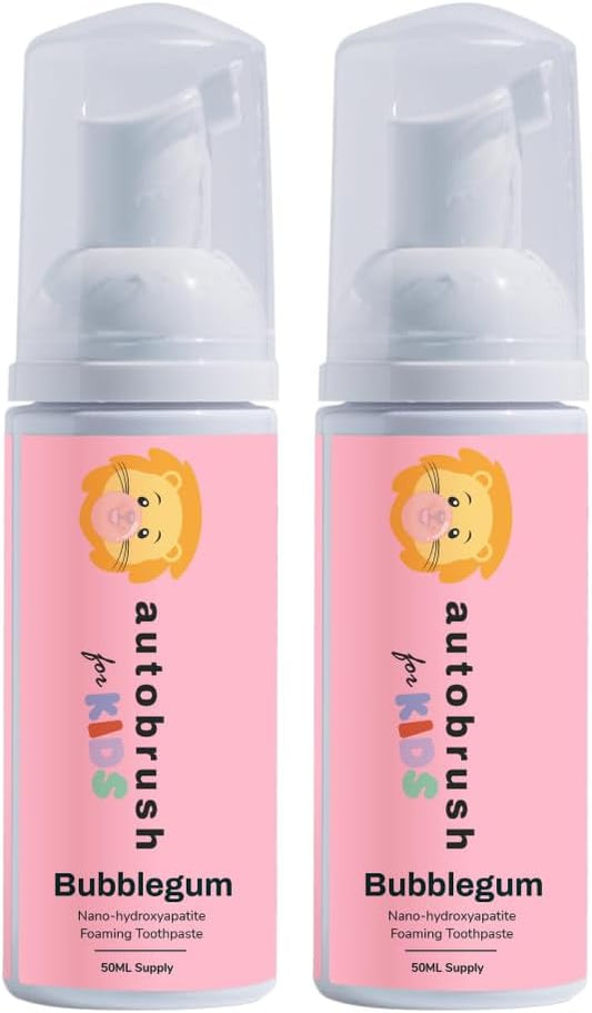 autobrush Kids Fluoride-Free Foaming Toothpaste Bubblegum Flavor for Electric or U-Shaped Toothbrush, SLS-Free, Training Toothpaste, Anti-Cavity (2 Pack)