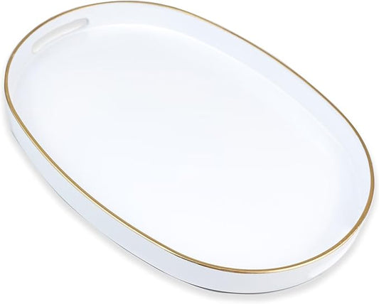 Omuriko White Oval Decorative Tray with Handles, Versatile Serving Tray for Coffee Table, Ottoman, Ideal for Serving, Displaying, Organizing