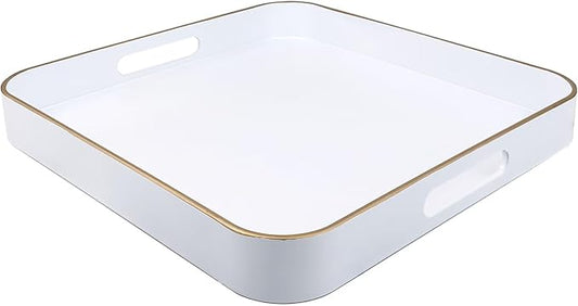Omuriko White Square Decorative Tray with Handles, 13"*13" Versatile Serving Tray for Coffee Table, Ottoman, Ideal for Serving, Displaying, Organizing