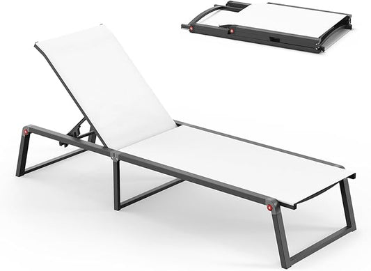 Aluminum Chaise Lounge Chair Outdoor, Foldable & Assembly Free Patio Pool Lounge Chairs 5-Position Recliner for Outside Poolside, Fully Grounded Legs Sun Lounger for Beach, Yard, Bright White