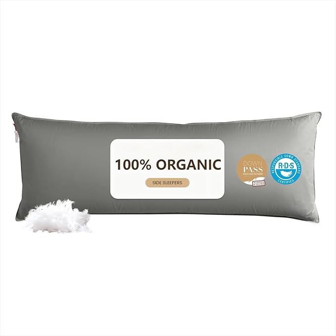 Goose Down Body Pillows for Adults, Large Body Pillow for Side Sleeper, Hugging Feather Body Pillow Insert, Cooling Full Length Long Pillow for Bed with 100% Organic Cotton Shell, (Dark Grey 20"x60")