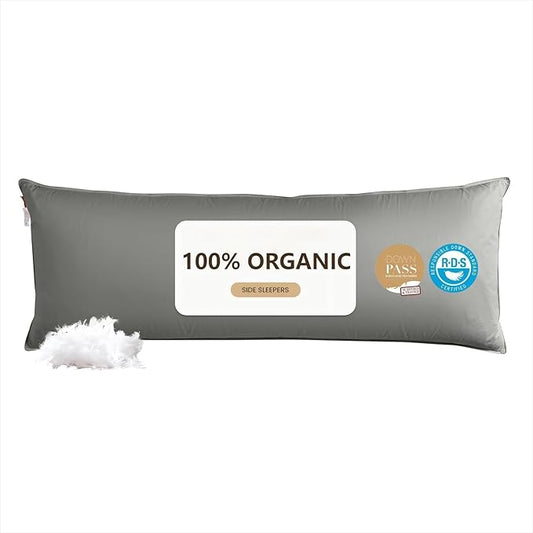 Goose Down Body Pillows for Adults, Large Body Pillow for Side Sleeper, Hugging Feather Body Pillow Insert, Cooling Full Length Long Pillow for Bed with 100% Organic Cotton Shell, (Dark Grey 20"x60")
