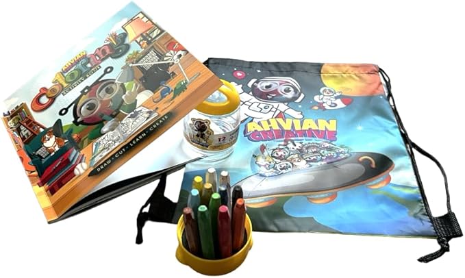Learning Activity Bundle: Coloring Activity Book (AhvianTheCreative Draw, Cut, Learn & Create) + Color Pastel Crayons with Case (Non-Toxic, Washable, Sticks) + Drawstring Tote Bag