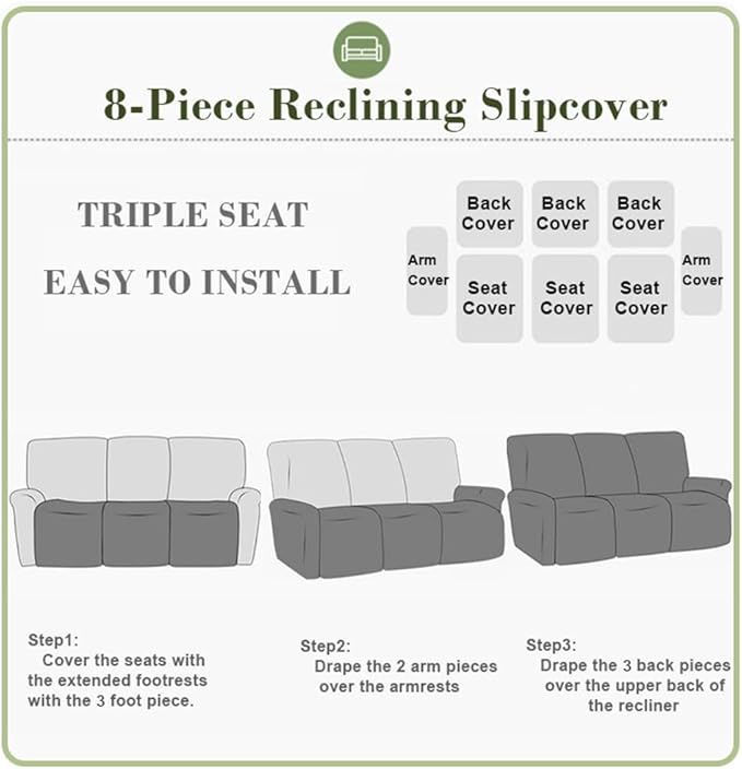 vctops 8 Pieces Jacquard Plush Recliner Sofa Covers Stretch Soft 3 Seats Couch Cover Anti-Slip Solid Color Sofa Slipcover Furniture Protector with Elastic Bottom for Kids Pet (Lake Blue,3 Seat)
