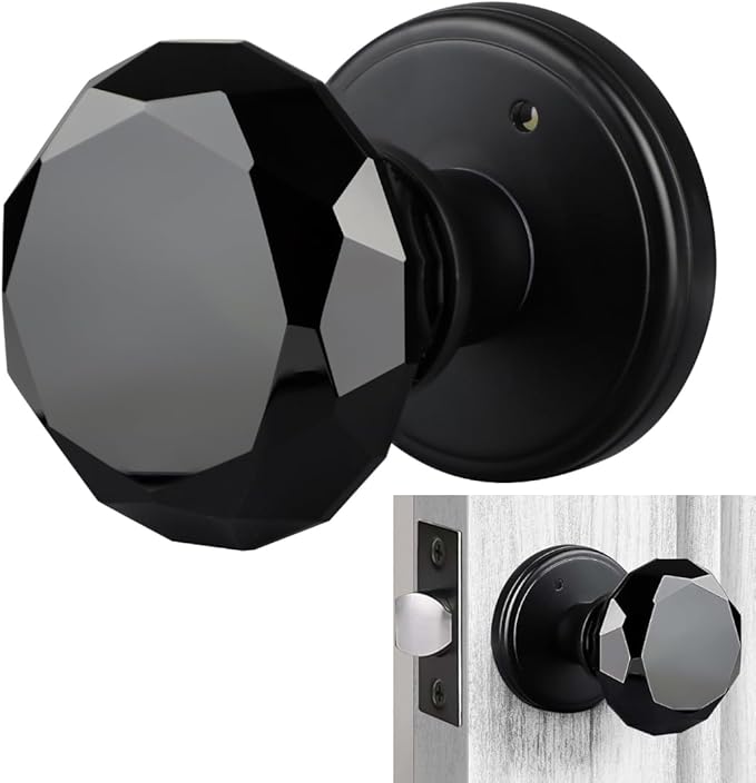 Black Crystal Door Knob, Glass Door Knobs Interior Non-Locking Set, Antique Decorative Vintage Style for Hallway, Closet, Passage Doors, 1 Pack