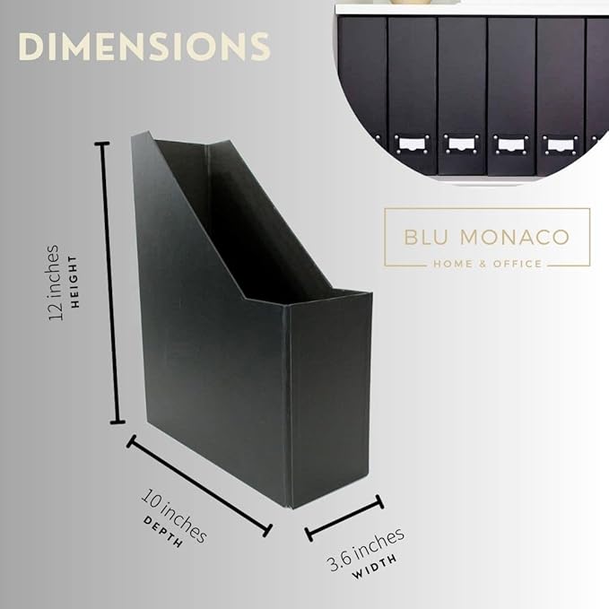 BLU MONACO Foldable Black Magazine File Holder – Set of 6 | Cardboard Desk File Organizer Boxes with Leather Label Holders | Vertical Magazine Storage for Office, Classroom & Home