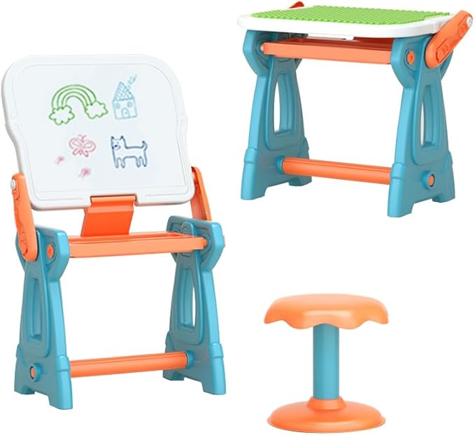 Kids Art Easel with Stool,2-in-1 Double-Sided Kids White Board Easel and Building Block Activity Table-Includes 88 Building Blocks, Art Easel for Kids 3-5, Toys for Toddlers, Boys and Girls