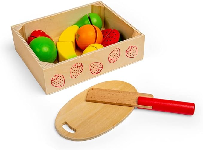 Bigjigs Toys Cutting Fruits Crate - 7 Piece Fruit with Velcro Fastenings, 1 Wooden Knife, 1 Chopping Board, Children’s Kitchen Accessories for Role Play, Baby & Toddler Gifts, 18 Months +