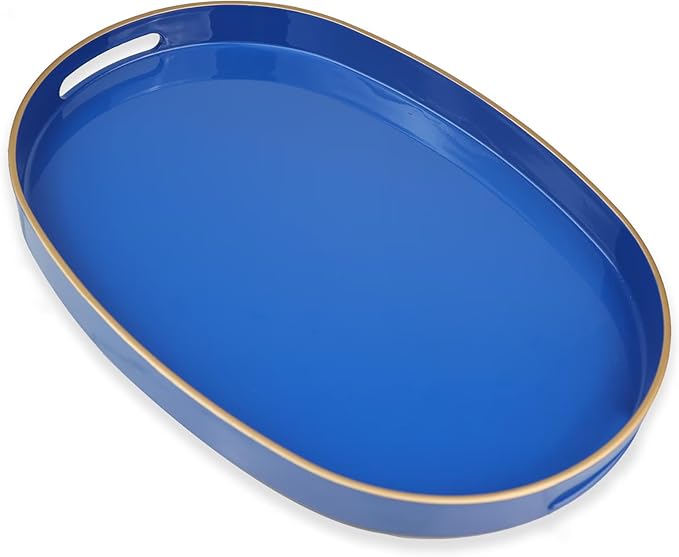 Omuriko Royal Blue Oval Decorative Tray with Handles, Versatile Serving Tray for Coffee Table, Ottoman, Ideal for Serving, Displaying, Organizing