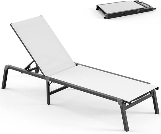 Aluminum Lounge Chair Outdoor, Foldable Pool Lounge Chairs with 5 Positions Recliner - No Assembly - Patio Chaise Lounge Chair for Outside, Poolside (White)