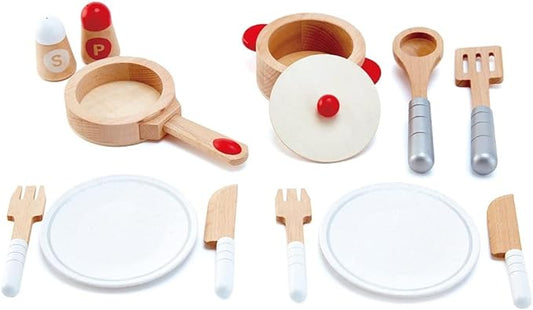 Hape Cook & Serve Set | 13 Piece Wooden Pretend Play Cooking Set with Accessories