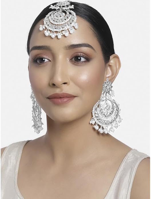 Aheli Bollywood Ethnic Chandbali Style Big Earrings Maang Tikka Set Traditional Fashion Jewelry Gift for Women