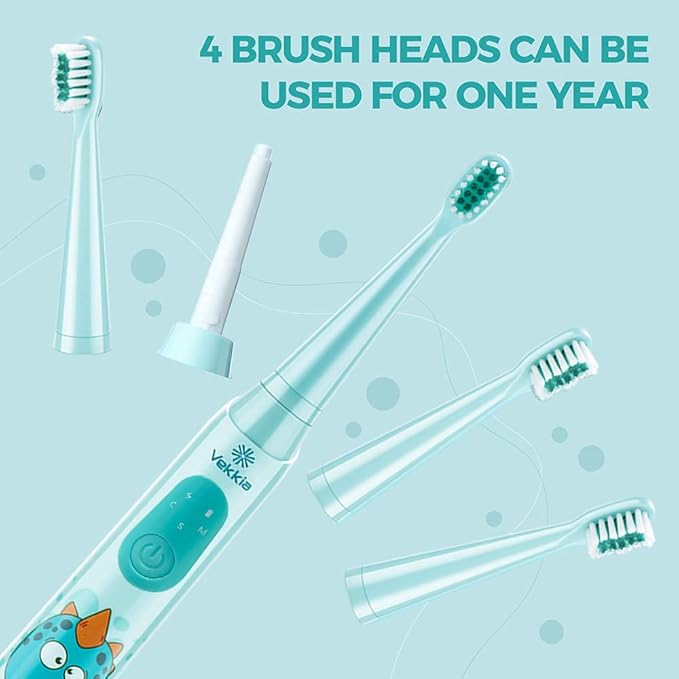 Vekkia Sonic Rechargeable Kids Electric Toothbrush, 3 Modes with Memory, Fun & Easy Cleaning, 24000 Strokes, IPX7 Waterproof, 2-Min Timer for Age 5+, 4 Soft Bristles(Blue)