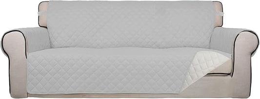 PureFit Reversible Quilted Sofa Cover, Water Resistant Slipcover Furniture Protector, Washable Couch Cover with Non Slip Foam and Elastic Straps for Kids, Pets (Sofa,Light Gray/Ivory) Large