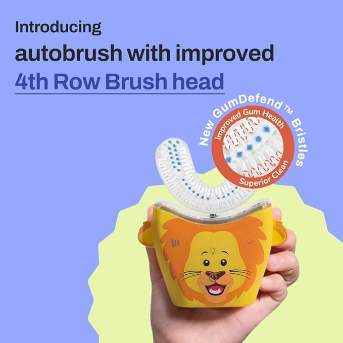 autobrush Kids U Shaped Electric Toothbrush, ADA Accepted, Sonic Pro with Unique 360° Nylon Bristles 3 Cleaning Modes,Whitening LED-Lights,Plays Music (Double-Sided),Ages 3-5, Lion