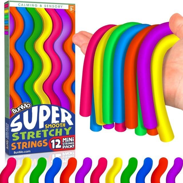 BUNMO Stretchy Strings - Sensory Toys for Toddlers - Stimulating & Addictive Sensory Toys for Kids - Fidget Toy - Hours of Fun for Kids - Non-Mouthable Toy 3+ - Mini Smooth 12 Pack