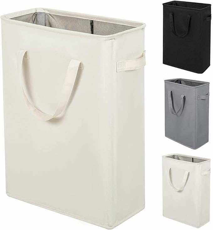 ZERO JET LAG Slim Laundry Hamper With Handles Collapsible Laundry Basket Thin Dirty Clothes Basket Narrow Laundry Bag Foldable Dirty Clothes Hamper 45L (23 inches,Beige)
